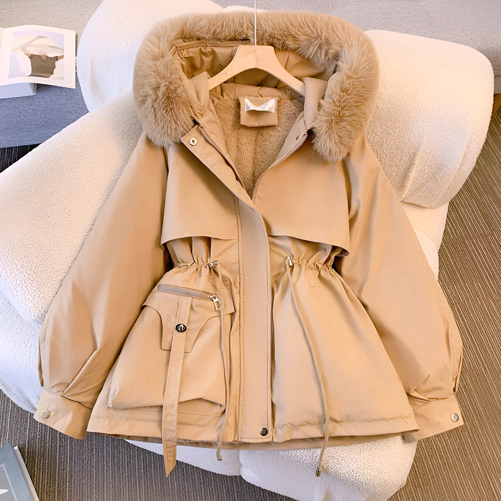 Belted Parka with Detachable Fox Fur Hood - Image 3