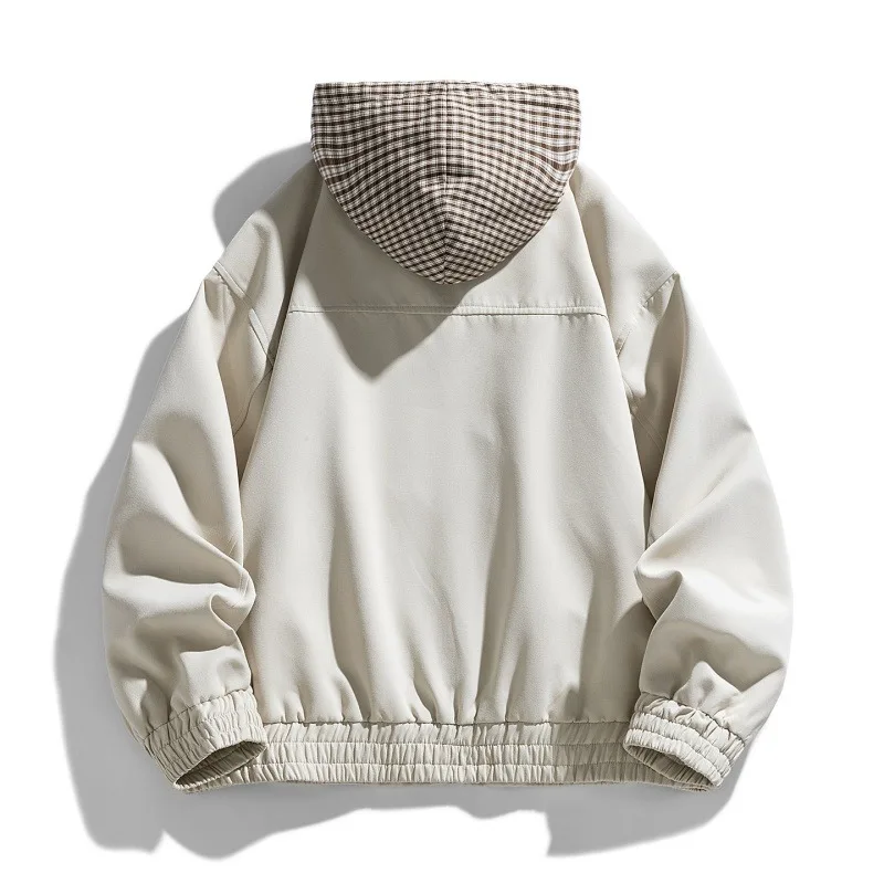 Oversized Bomber Jacket with Plaid Hood - Image 4