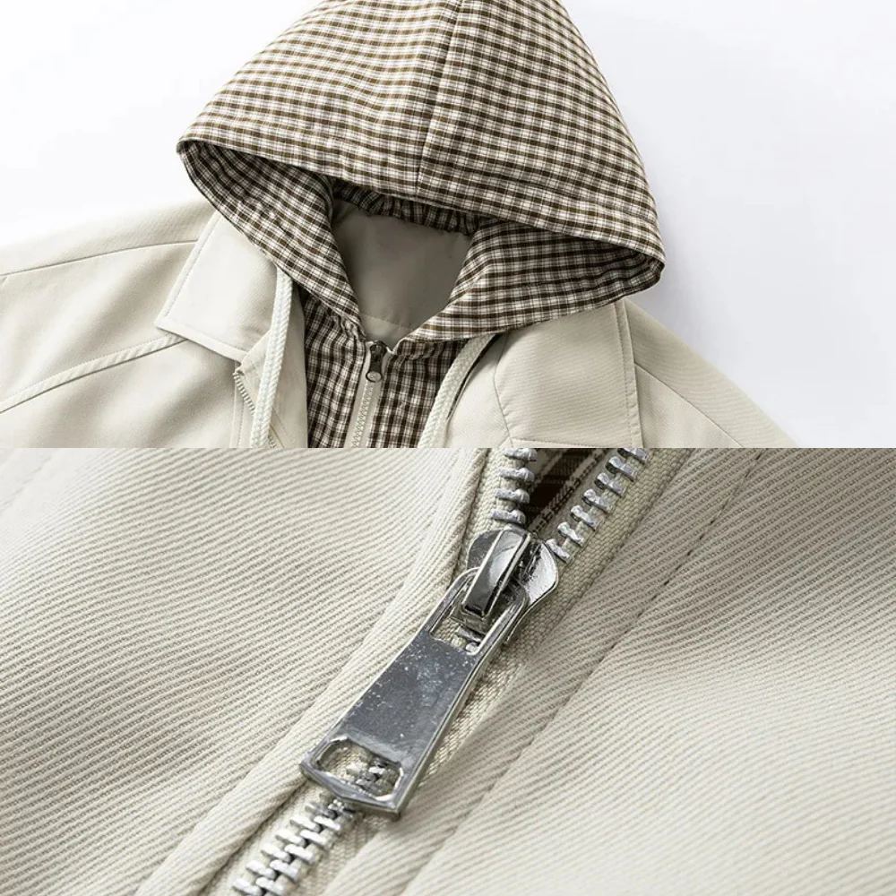 Oversized Bomber Jacket with Plaid Hood - Image 5