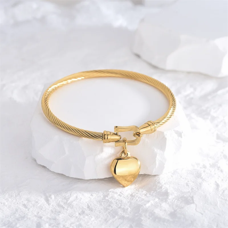 Twisted Cable Bangle with Heart Charm - Image 2