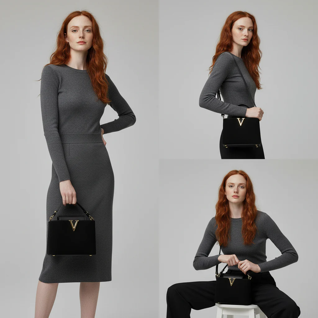 V-Emblem Structured Leather Satchel - Image 10