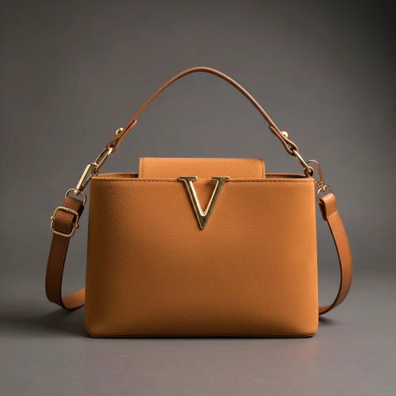V-Emblem Structured Leather Satchel - Image 2