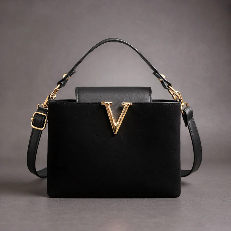 V-Emblem Structured Leather Satchel - Image 3