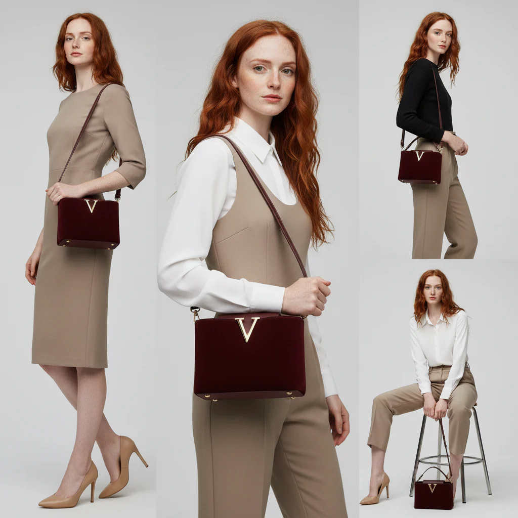 V-Emblem Structured Leather Satchel - Image 7