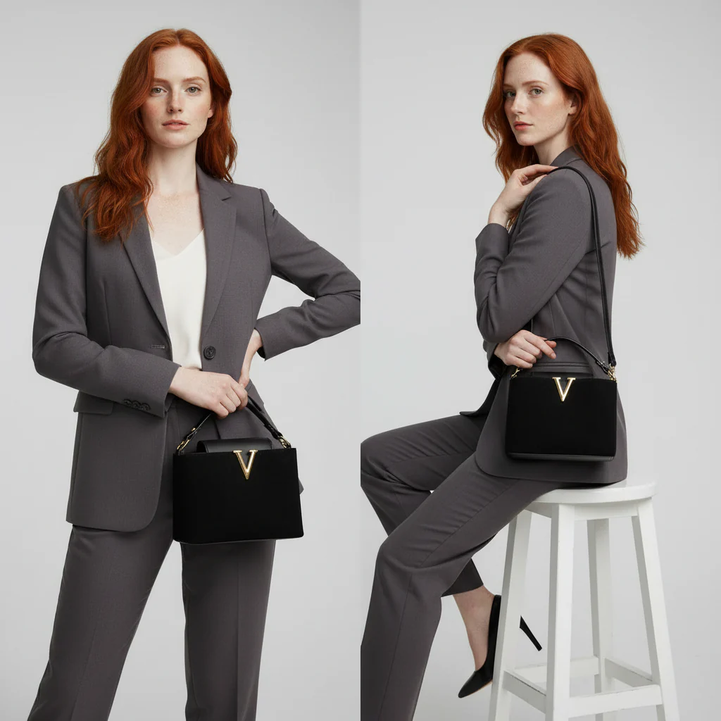 V-Emblem Structured Leather Satchel - Image 9